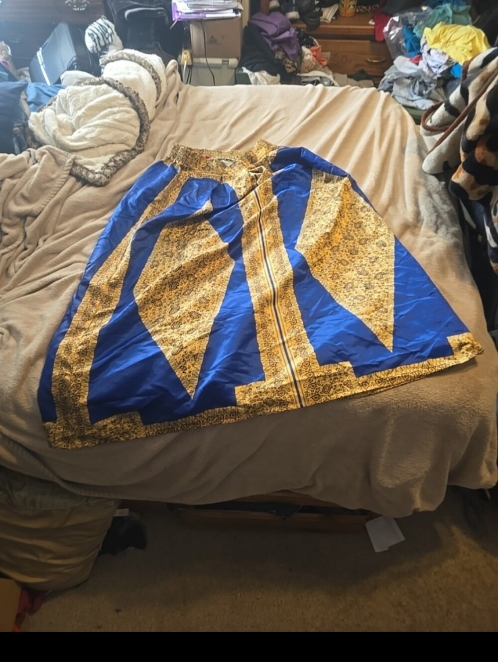 052226 Long Skirt, Royal Blue & Gold Tribal Print, Woman’s L, China box 22w
